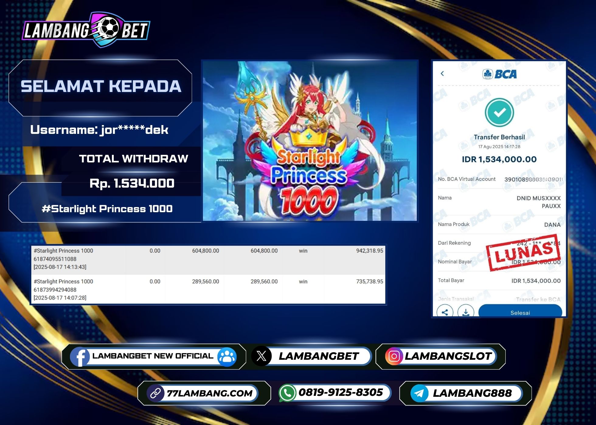 LAMBANGBET [17 AUGUST 2025] JACKPOT SLOT Starlight Princess 1000 "Rp1.534.000" LUNAS